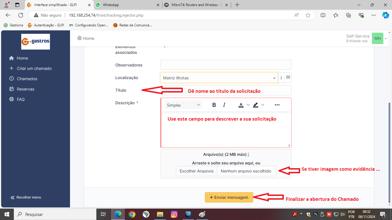 Campos Título, Descrição e botão Enviar